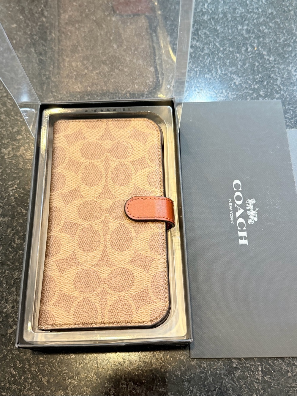 Coach Signature Canvas Phone Wallet Case in Light Brown with Tan Tab